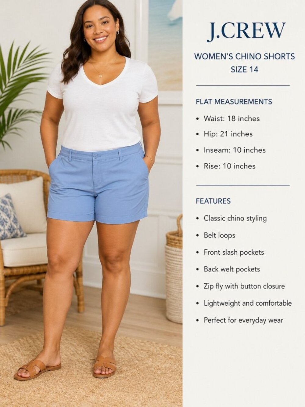 J.Crew Re-Imagined Women's Chino Short Size 14 Blue Cotton Blend Mid Rise Preppy